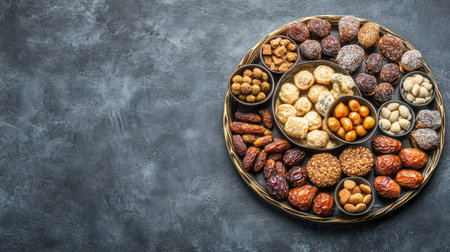 Date palm tray with fresh dates and Arabic sweets. Copy spaceの素材