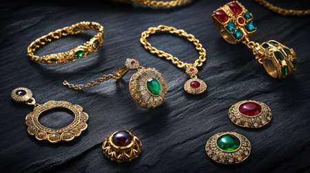 Colorful Emirati jewelry with gemstones and gold designs. Copyの素材