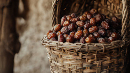 Dates arranged in a traditional woven basket in Dubai. Copy spaceの素材