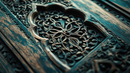 Detailed carvings on an Emirati wooden door piece, flat lay. Copy spaceの素材