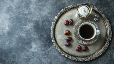 Dates and Arabic coffee on a silver tray, a Dubai tradition. Copy spaceの素材