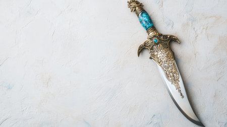 Emirati dagger (khanjar) with ornate handle on light background. Copy spaceの素材