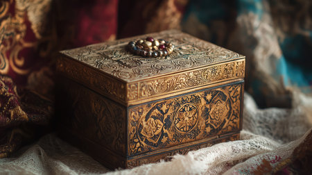 jewelry box with carved wooden details. Copy spaceの素材