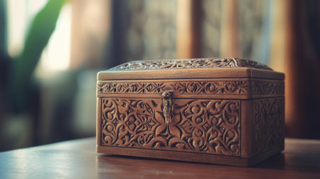 jewelry box with carved wooden details. Copy spaceの素材