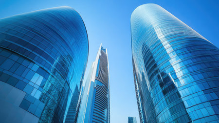 Futuristic building facades in Abu Dhabi, with intricate glass and steel design, plenty of blank space for textの素材