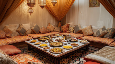 Emirati Majlis setup with food and tea on cushions. Copy spaceの素材
