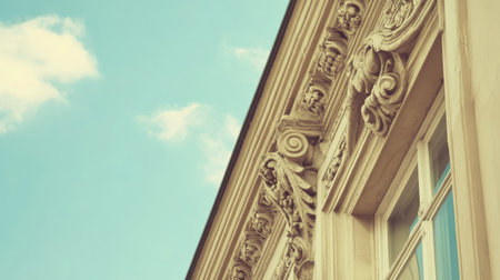 Detail of decorative cornices on vintage facade, ample sky for copy.の素材