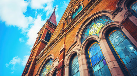 Detail of historic building with stained glass windows, spacious area for text.の素材
