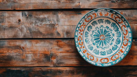 pattern on hand-painted ceramic plate. Copy spaceの素材