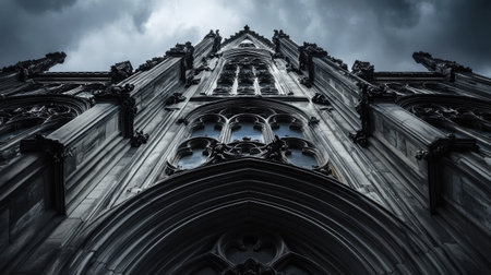 Gothic architectural details on historic building, ample sky space for copyの素材
