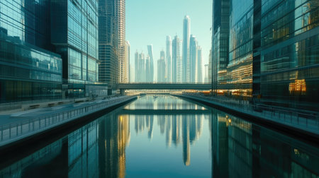 Dubai Business Bay with high-rise reflections in canal, with space for copyの素材