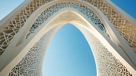 Iconic arch design in UAE architecture, against clear sky for textの素材