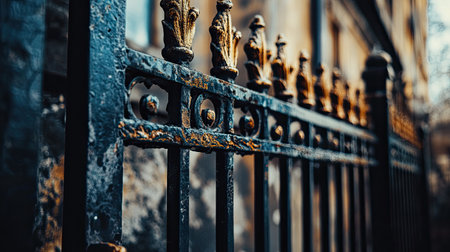 Detail of an ornate iron gate on historic building, space for text to the side.の素材