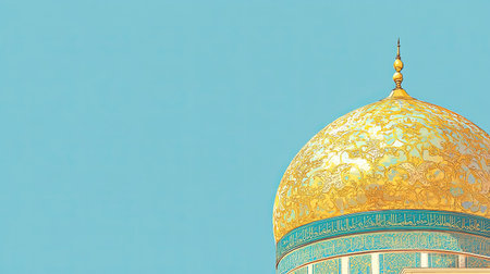 Dome of a mosque with gold accents, blue sky above with space for text.の素材