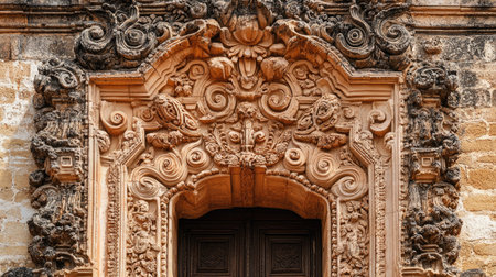 Intricate carved door on historic building with decorative details, copy space aboveの素材