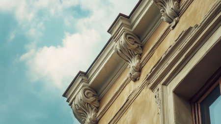 Detail of decorative cornices on vintage facade, ample sky for copy.の素材