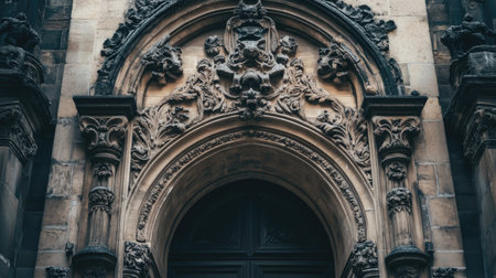 Detailed archway on ornate building, decorative elements and ample copy space.の素材