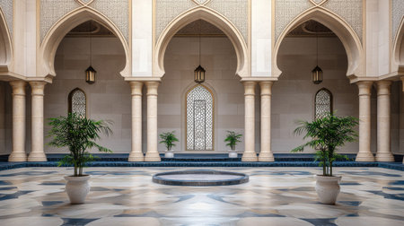 Traditional UAE courtyard with arches and fountains, elegant open space for textの素材