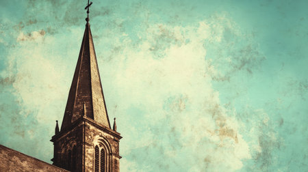 Gothic-style spire on building roofline, open sky space for textの素材