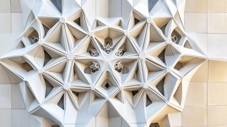Intricate geometric facade on modern building, abstract architectural design with ample copy spaceの素材