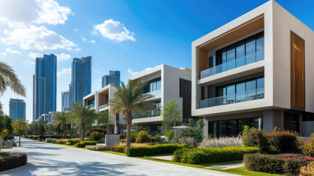 Modern architectural facade with sleek lines, in downtown Dubai, open space for textの素材