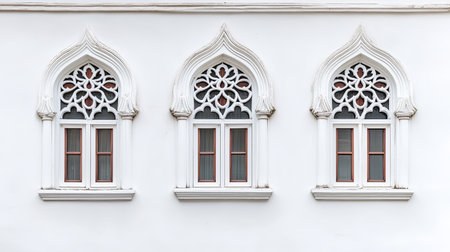 Minimalist white wall with unique window patterns, elegant building design and copy space aboveの素材