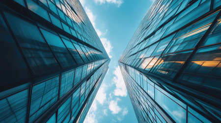 Exterior with abstract metal designs on modern building, open skyの素材