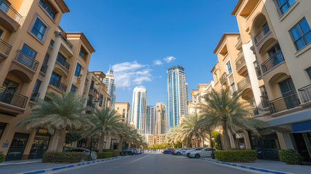 Downtown Dubai high-rise buildings and street below, with space for copy.の素材