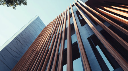 Modern building with vertical wooden slats and ample copy space in the backgroundの素材
