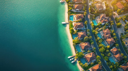 Palm Jumeirah villas on water, aerial view with space for text in the sky.の素材