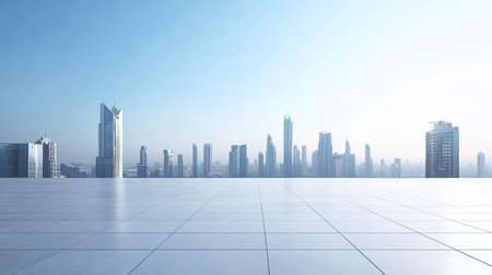 Rooftop view of Dubai skyscrapers, clear sky background for messages.の素材