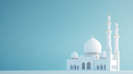 Mosque architecture in UAE with traditional dome and minarets, on a clear blue background with space for text.の素材