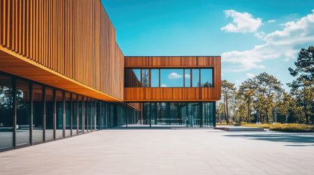Modern building with vertical wooden designs, spacious blank areaの素材