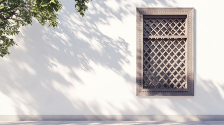 Traditional lattice window design on historic building, ample blank space in the backgroundの素材