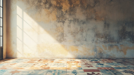 Wall with artful cement tile patterns, spacious area for textの素材