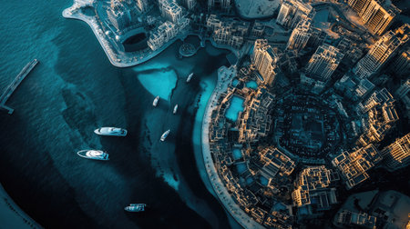 Top view of UAE urban skyline with coastal waters, with copy spaceの素材