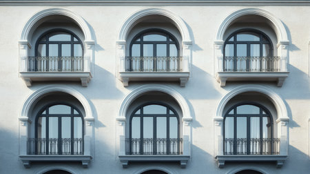 Repeating arches and balconies on a classic European building facade, blank space above.の素材