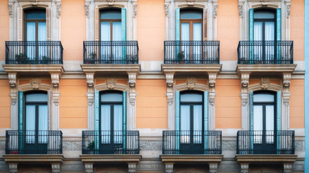 Symmetrical pattern of windows and balconies on urban facade, blank space in the skyの素材