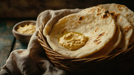 A basket of freshly baked pita bread served with hummus. Copy spaceの素材