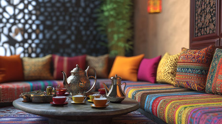 Arabian majlis setup with vibrant cushions and coffee pots. Copy spaceの素材
