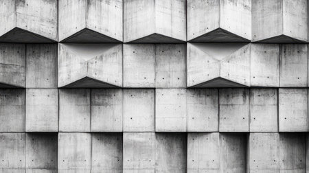 Repetitive geometric patterns on exterior wall, blank sky for copy.の素材