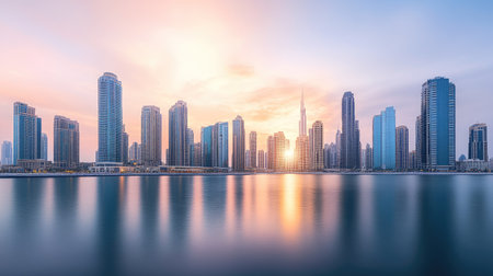 Top view of Dubai Marina district, tall buildings and waterfront, space for urban-themed messagesの素材