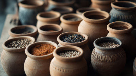 Arabic spices displayed in clay pots in a Dubai market. Copy spaceの素材