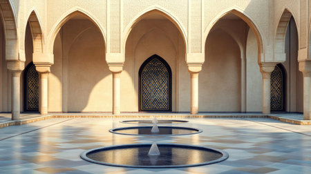 Traditional UAE courtyard with arches and fountains, elegant open space for textの素材