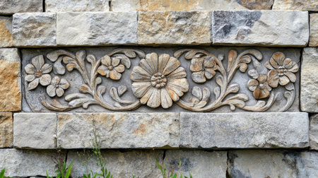 Wall with rustic stone designs and carvings, ample blank spaceの素材