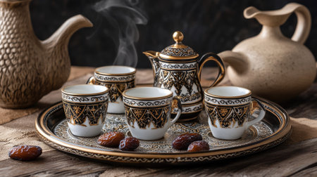 Arabic coffee set on a decorated tray with cups and dates. Copy spaceの素材