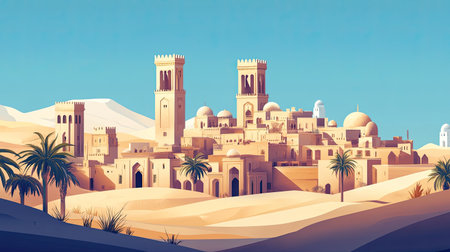 View of traditional Emirati architecture with wind towers, with plenty of room for textの素材
