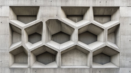 Smooth concrete wall with unique window patterns, open copy spaceの素材