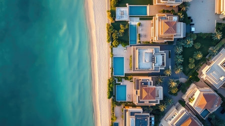 Top view of Dubai residential architecture on the coast, with copy spaceの素材