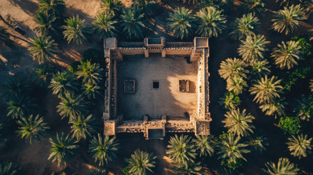 Aerial view of historic Al Ain fort surrounded by palm groves. Copy spaceの素材